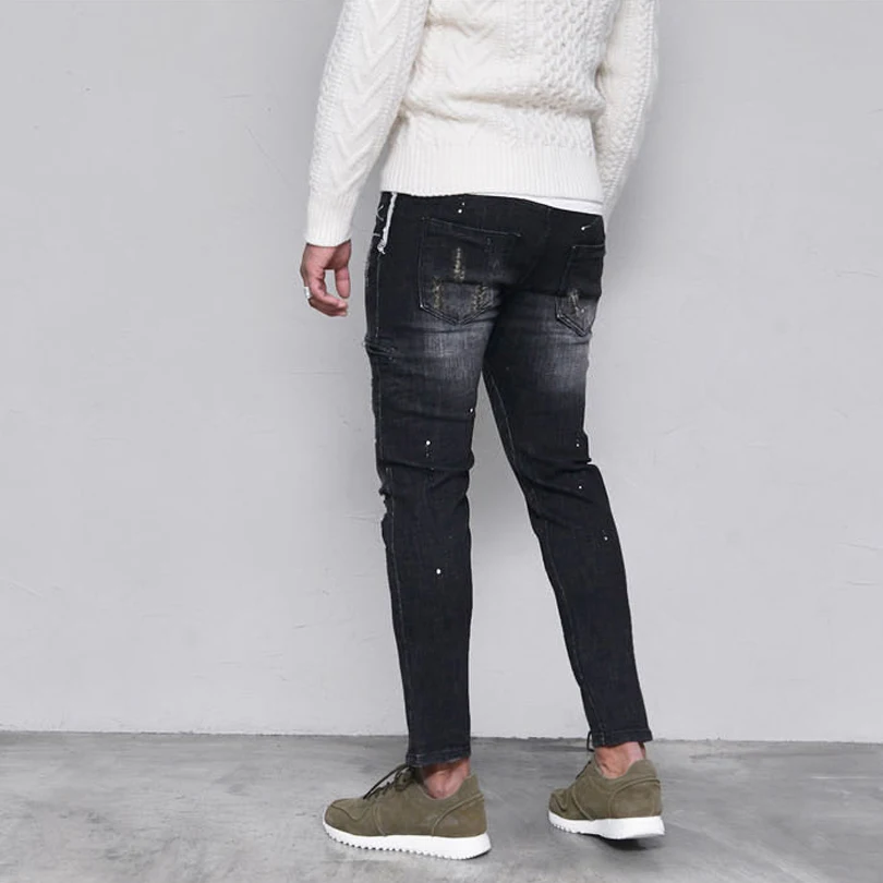 Рваные байкерские джинсы Мужские скинни мужские черные в стиле хип-хоп