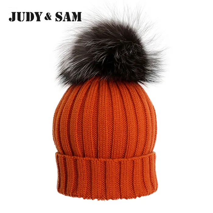 

New Fashion Quality 16 Colors Wool Blend Hats For Boys and Girls with Genuine Silver Fox Fur Pom Pom Adult Size Beanie Caps