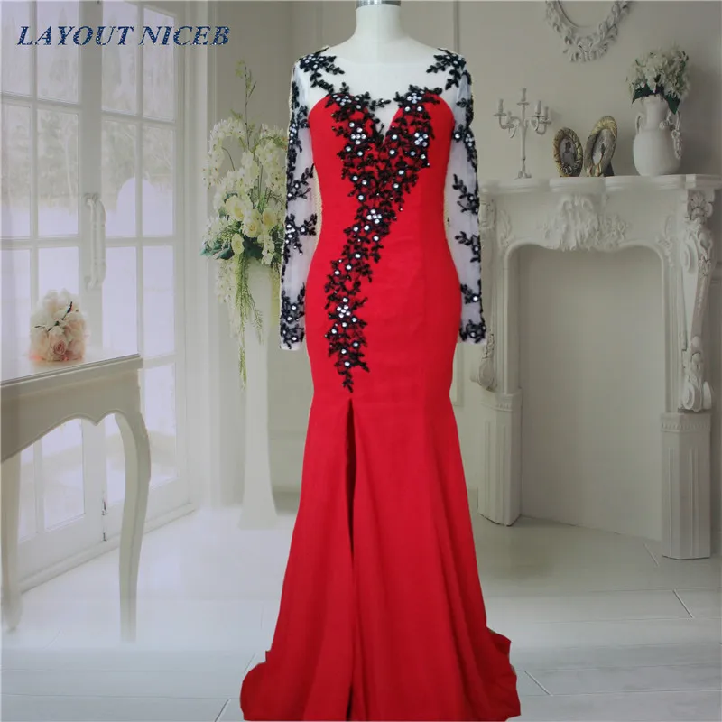 Длинные рукава черные кружевные красные вечерние платья 2015 длина до пола с