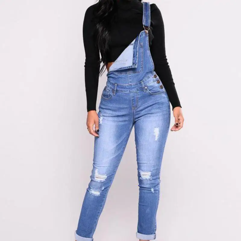 Женский джинсовый комбинезон повседневный Облегающий из денима с дырками на