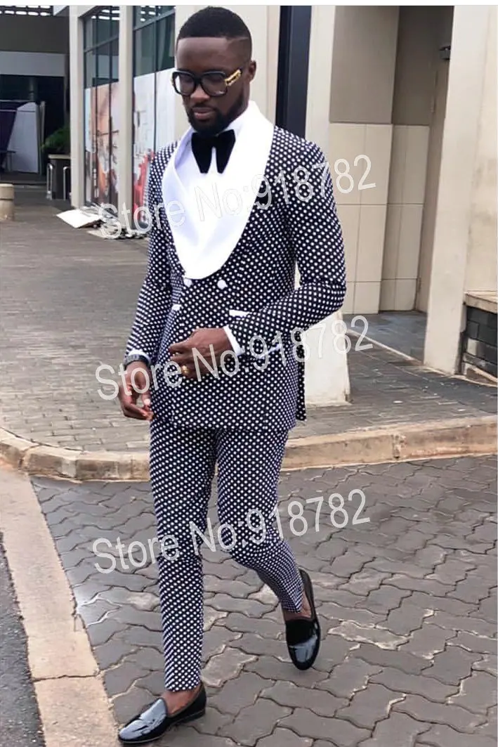 Wedding Suits for Men 2018 New Designer Black White Dot Double Breasted Suit Men Terno Masculino Slim Fit Costume Homme