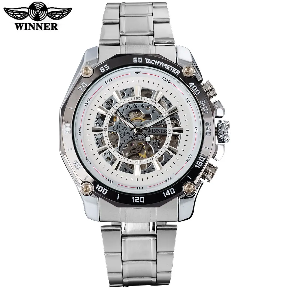 Часы наручные WINNER Мужские механические модные брендовые Роскошные серебристые с