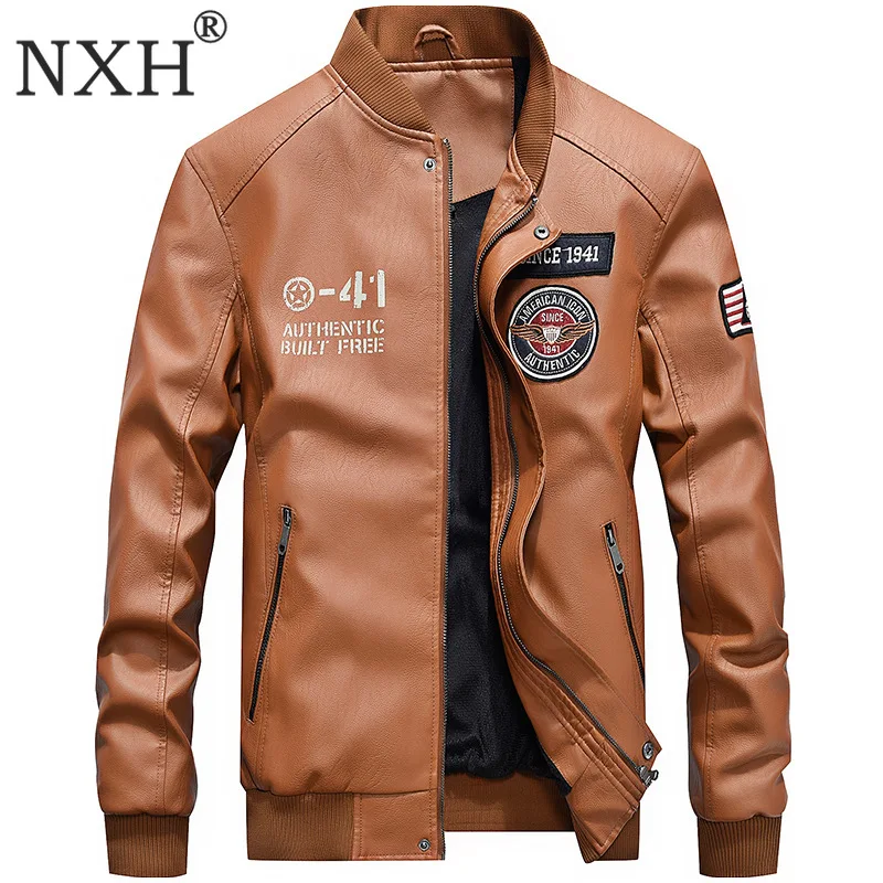 NXH Бейсбол jaket Для мужчин зимние Искусственная кожа куртки бомберы бархат Pu
