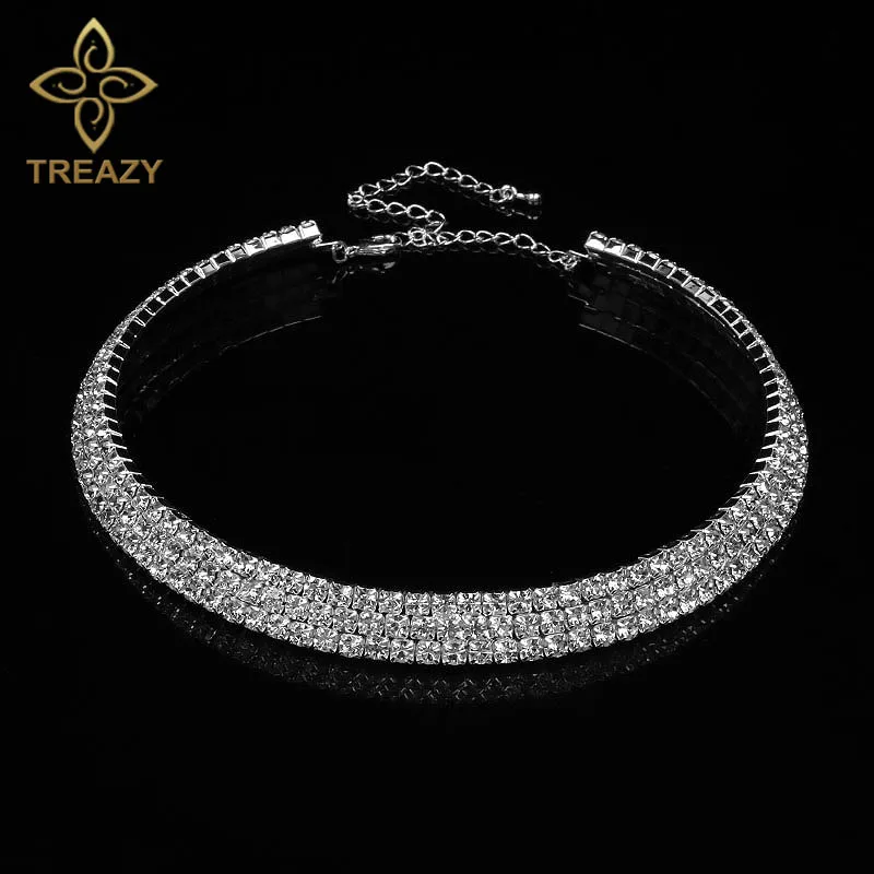 TREAZY, женские Стразы, серебрянное колье, чокер, цветные, свадебные, вечерние, хрустальные, воротник, колье, цепочка, ожерелье, ювелирное изделие - Окраска металла: Silver 3 Row Crystal