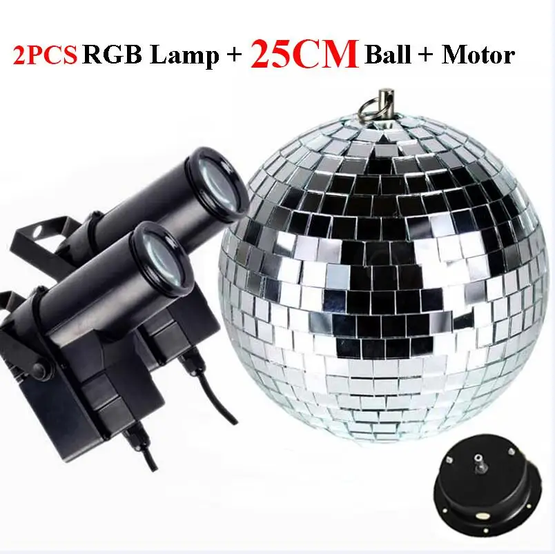 25CM Ball Add 2 Lamp BEIAIDI dia20см 25 см 30 см Стеклянные зеркальные шары диско DJ шар с мотором и RGB луч Pinspot DJ домашние вечерние диско DJ сценический светильник - Цвет: 25CM Ball Add 2 Lamp