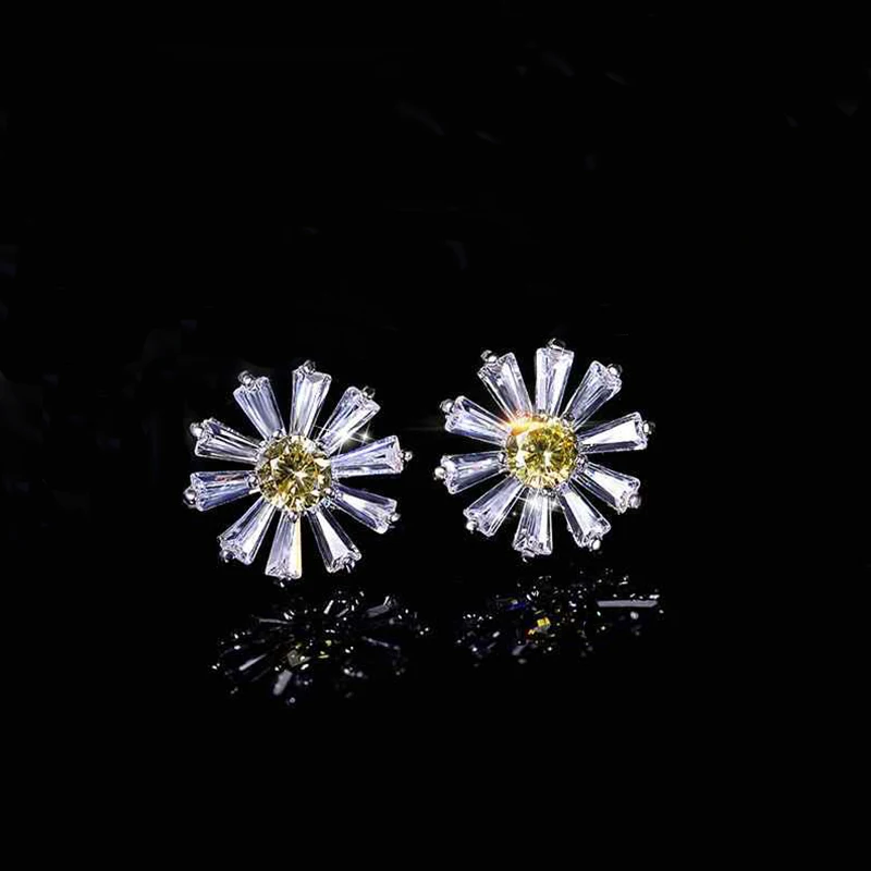Silver Color Роскошные серьги-гвоздики с желтым кубическим цирконием в виде цветка для женщин, модные серебряные маленькие серьги в виде маргаритки, бижутерия, Прямая поставка - Окраска металла: Silver Color