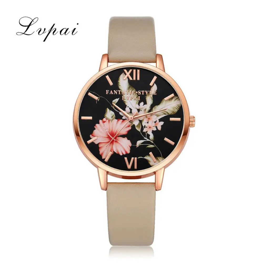Beige Lvpai Брендовые женские часы-браслет модные цветы из розового золота кожа простые ЖЕНСКИЕ НАРЯДНЫЕ часы Роскошные бизнес-часы в подарок - Цвет: Beige