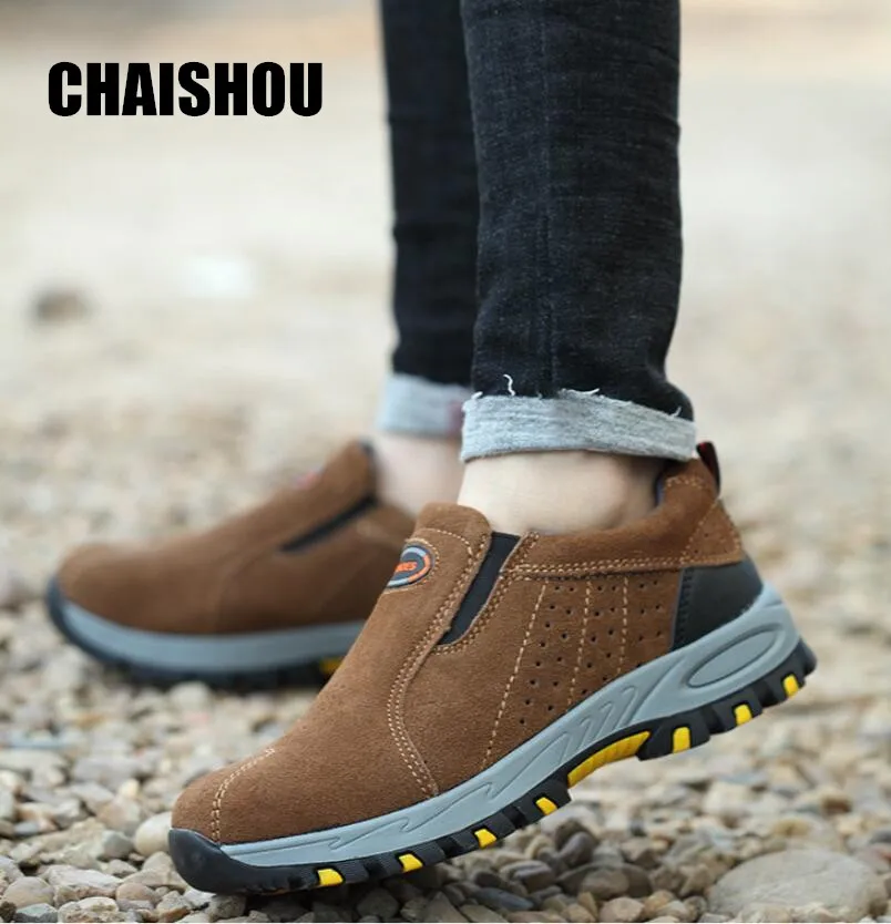 CHAISHOU; Мужская и Женская рабочая обувь из коровьей замши; нескользящие ботинки на платформе со стальным носком; Мужская CS-145