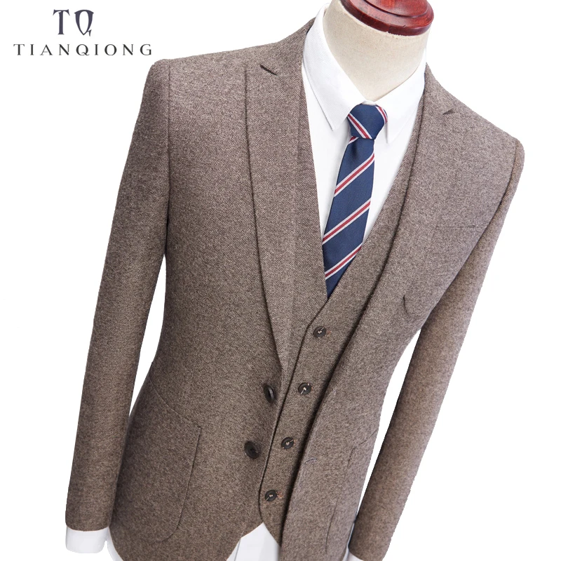 TIAN QIONG Brand Khaki Groom Wedding Suit Men 2018 Spring Autumn Slim Fit 3 Piece Business Suits High Quality Men's Dress | Мужская