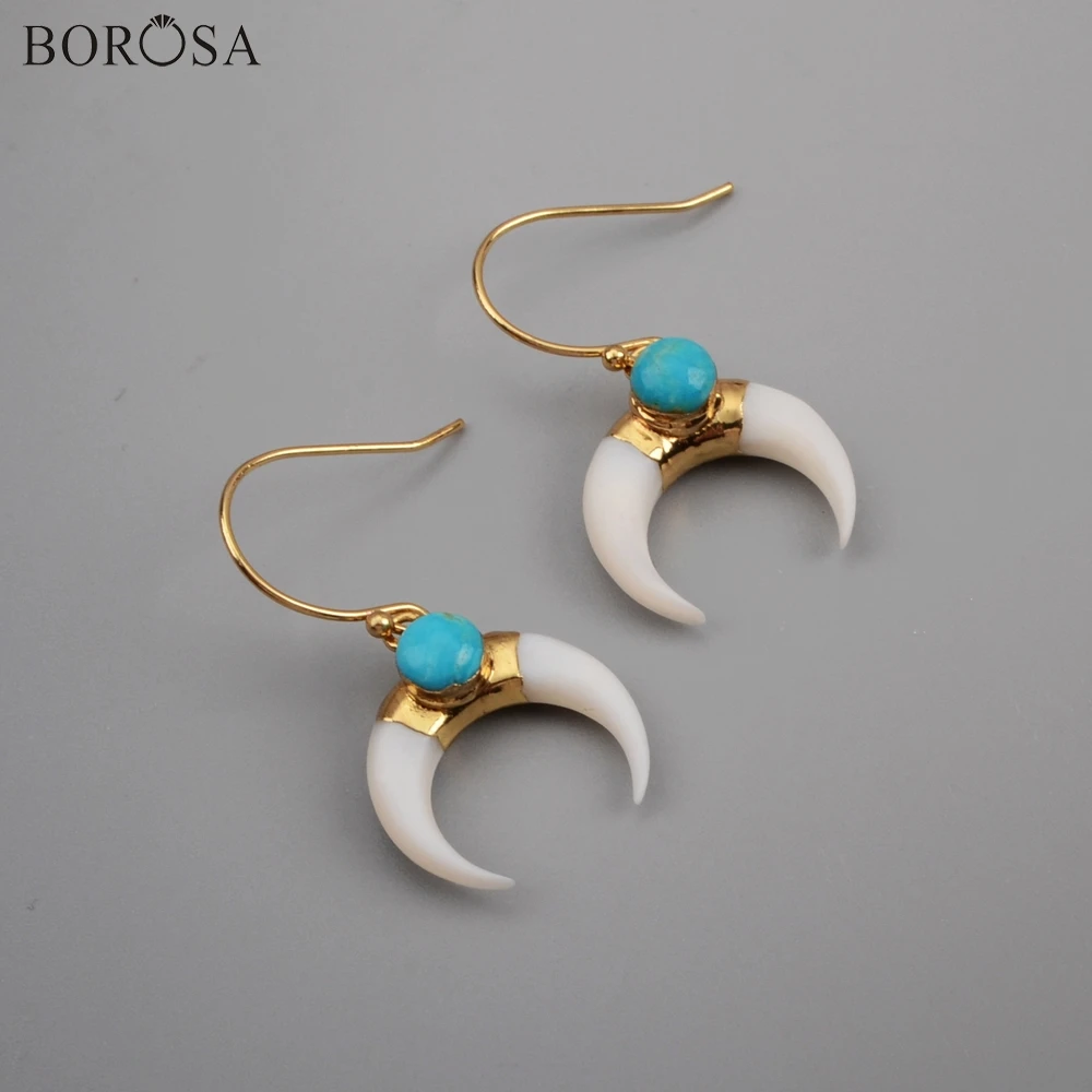 BOROSA 5 пар белая оболочка& круглая натуральная бирюза позолоченные женские серьги Howlites Shell Висячие Серьги Подарки для девочек G1835