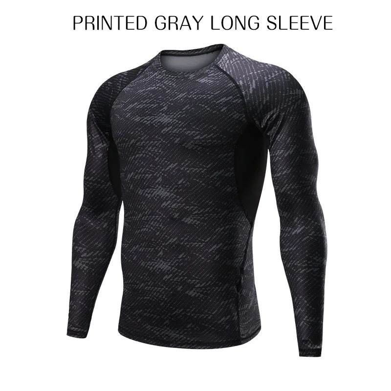 1 Printed Gray Стоящий спортивный компрессионный спортивный костюм с длинными рукавами для мужчин, быстросохнущая одежда, костюм для бега, одежда для бега, тренажерного зала, фитнеса, тренировок - Цвет: 1 Printed Gray