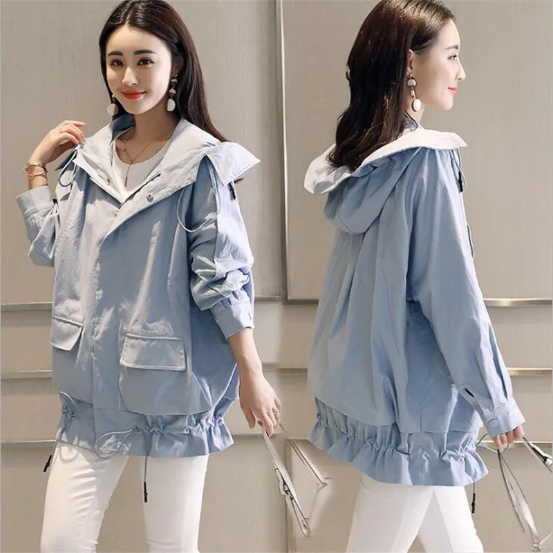 

Korean Spring Autumn Short Hooded Trench Coats Loose Thin Long Sleeve Solid Female Student Coat