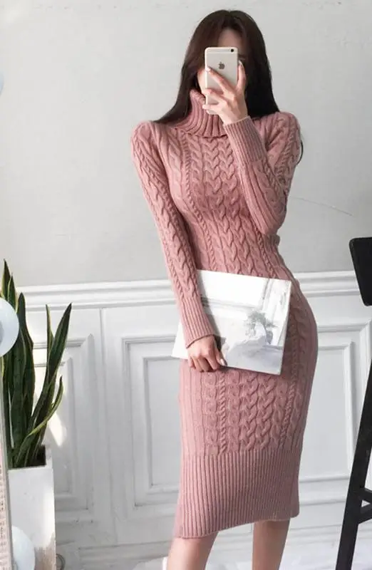 Winter Autumn Sweater Dress Blue Pink Beige Turtleneck Womens Dresses Bodycon Long Vintage Ladies Knitted Wrap Tight Midi Dress - Цвет: see picture