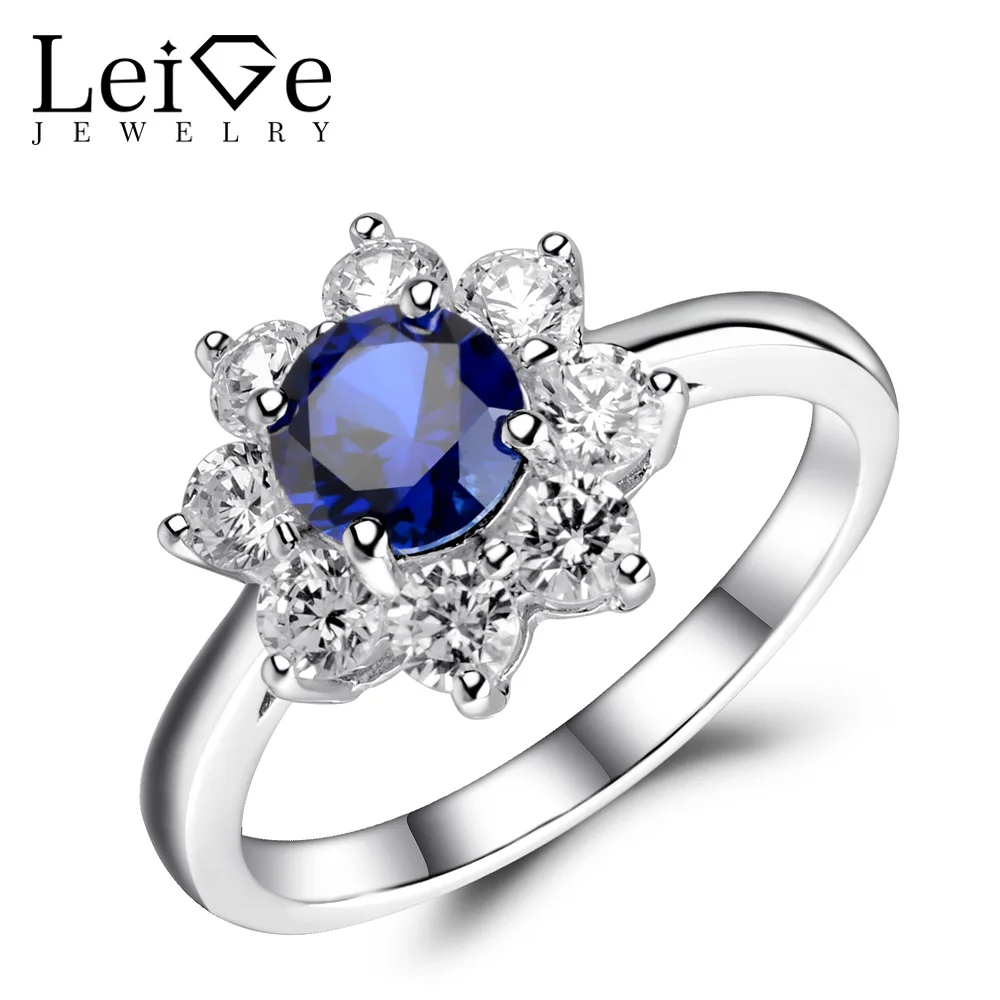 

Leige Jewelry Sapphire Ring Round Cut Blue Gemstone Engagement Wedding Rings for Women Sterling Silver 925 Fine Jewelry Flower