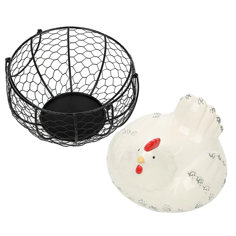 

Black Metal Mesh Wire Egg Storage Basket with White Ceramic Farm Chicken Top and Handles
