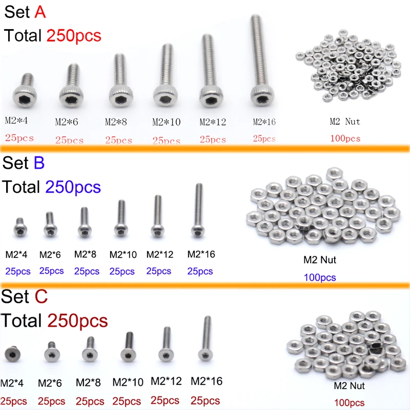 250pc/set M2 Cap/Button/Flat Head A2 Stainless Steel Hex Socket Screws Bolt With Nuts Assortment Kit |