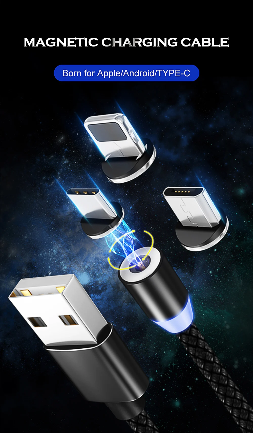 Магнитный светодиодный usb-кабель для быстрой зарядки для iphone 6, 6s, 7, 8, XS, X, шнур зарядного устройства для samsung s9/10 type-C, Micro USB кабель для зарядки телефона