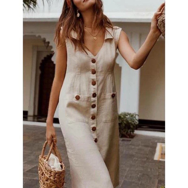 beige-solid LAAMEI летние женские платья, элегантное платье в горошек в стиле бохо, женское платье с отложным воротником и v-образным вырезом, платье с карманами на пуговицах Vestidos - Цвет: beige-solid