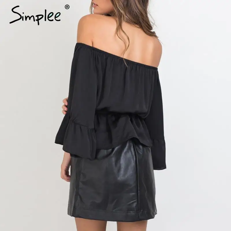 Simplee Apparel sexy с плеча рюшами лук блузка рубашка Мягкие атласные flare рукавом летом