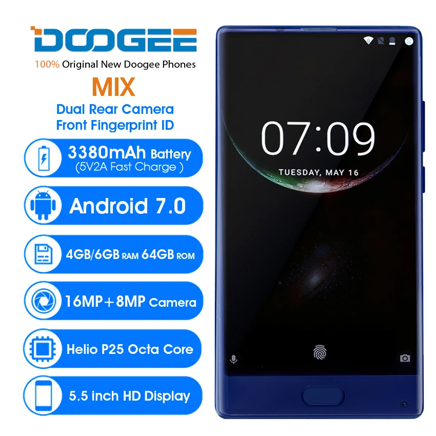 Doogee Mix 5.5&quot HD 4G Mobile phone Android 7.0 6GB RAM 64GB ROM Helio P25 Octa Core 16MP+8MP Dual Cameras Fingerprint Smartphone |