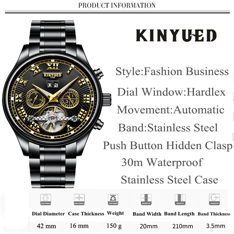 KINYUED черные Автоматические Мужские механические часы Tourbillon полностью Стальные