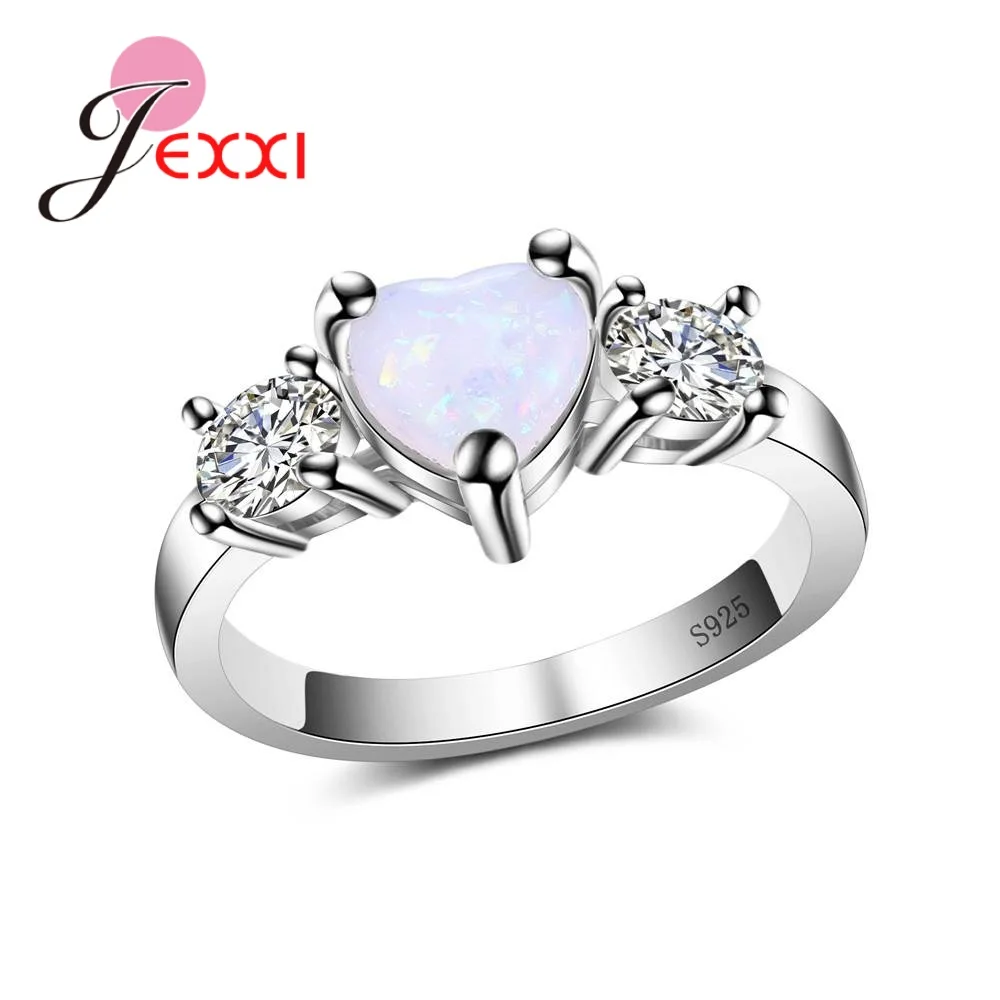 

Solid 925 Sterling Silver Fashion Romantic Jewelry Paved Heart Opal White Crystals Valentine's Day Band Rings For Women