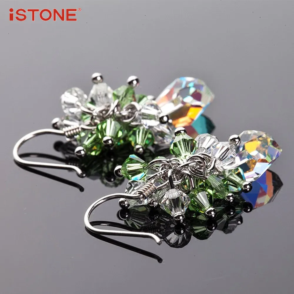 iSTONE 100% Natural Gemstone Pink Green Blue Crystal 925 Sterling Silver Flower Shape Drop Earrings Fine Jewelry Gift for Woman | Украшения