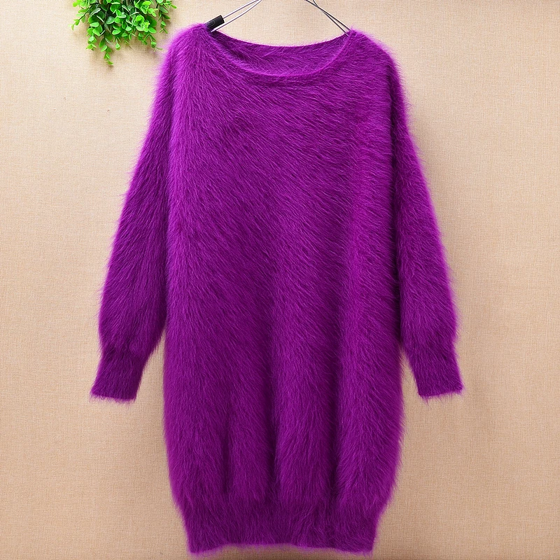 Ladies women medium long genuine mink cashmere o-neck loose fluffy angora rabbit fur hand knitted pullover sweater dress | Женская