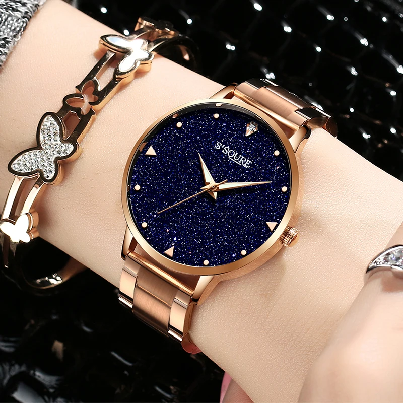 

Women Quartz Watch,Rose Gold Stainless Steel Blue Sandstone Dial Analogue Quartz Lady Dress Watch