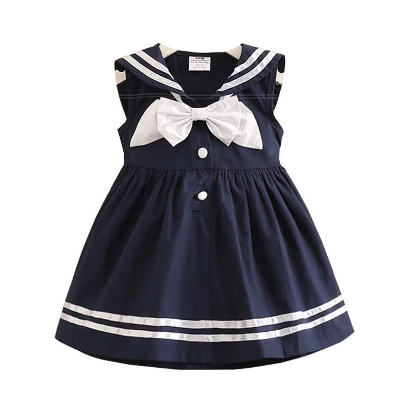 2021 Summer 2-10T Years Children Sweet Sleeveless Vest Bow Sailor Collar Navy Blue White Patchwork Little Kids Girls Dress | Детская