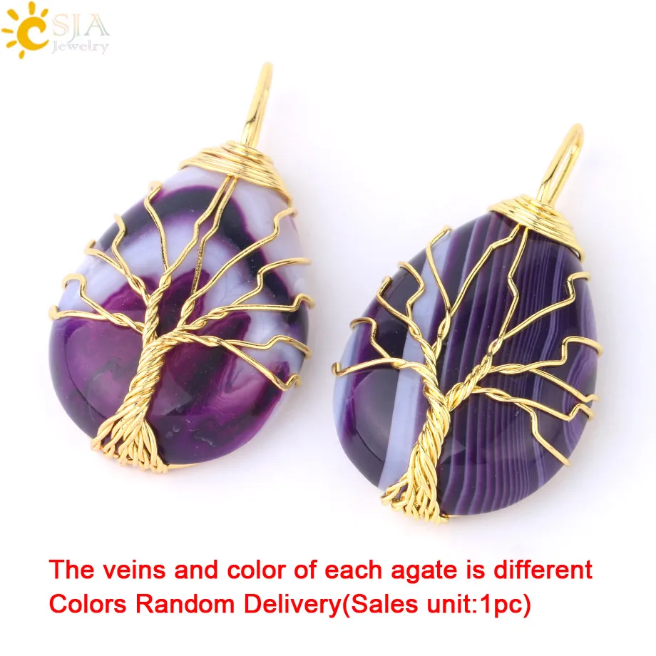 Purple Veins Agate A CSJA золотой цвет "Древо жизни" проволочный обруч Капля воды ожерелье и подвесной рейки натуральный драгоценный камень Фиолетовый Синий вены ювелирные изделия из оникса E806 - Окраска металла: Purple Veins Agate A