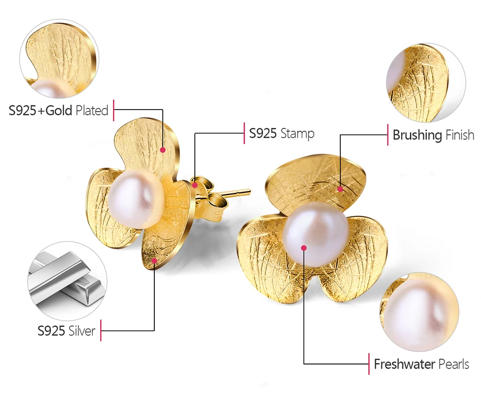 Lotus Fun, настоящее 925 пробы, серебряные серьги с натуральным жемчугом, хорошее ювелирное изделие, 18K золото, цветок клевера, серьги-гвоздики для женщин, Brincos