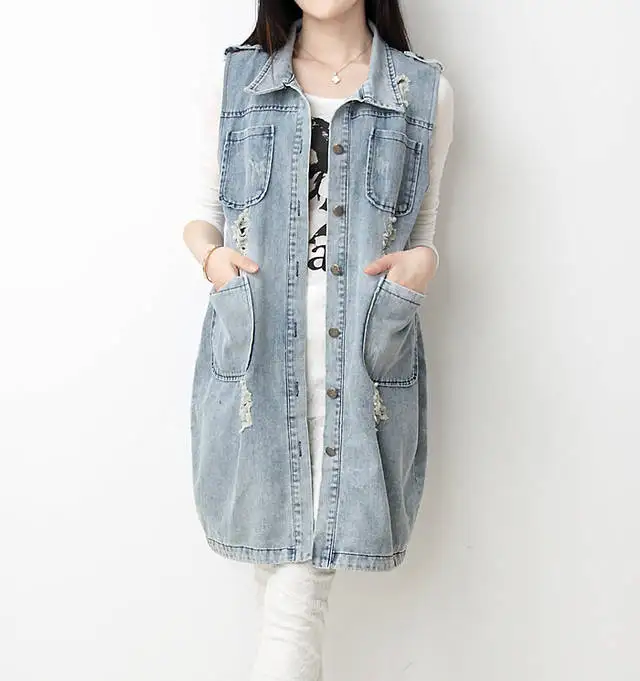 

new fashion plus size S-3XL Vintage Hole denim street clothing for women female long Outerwear jacket