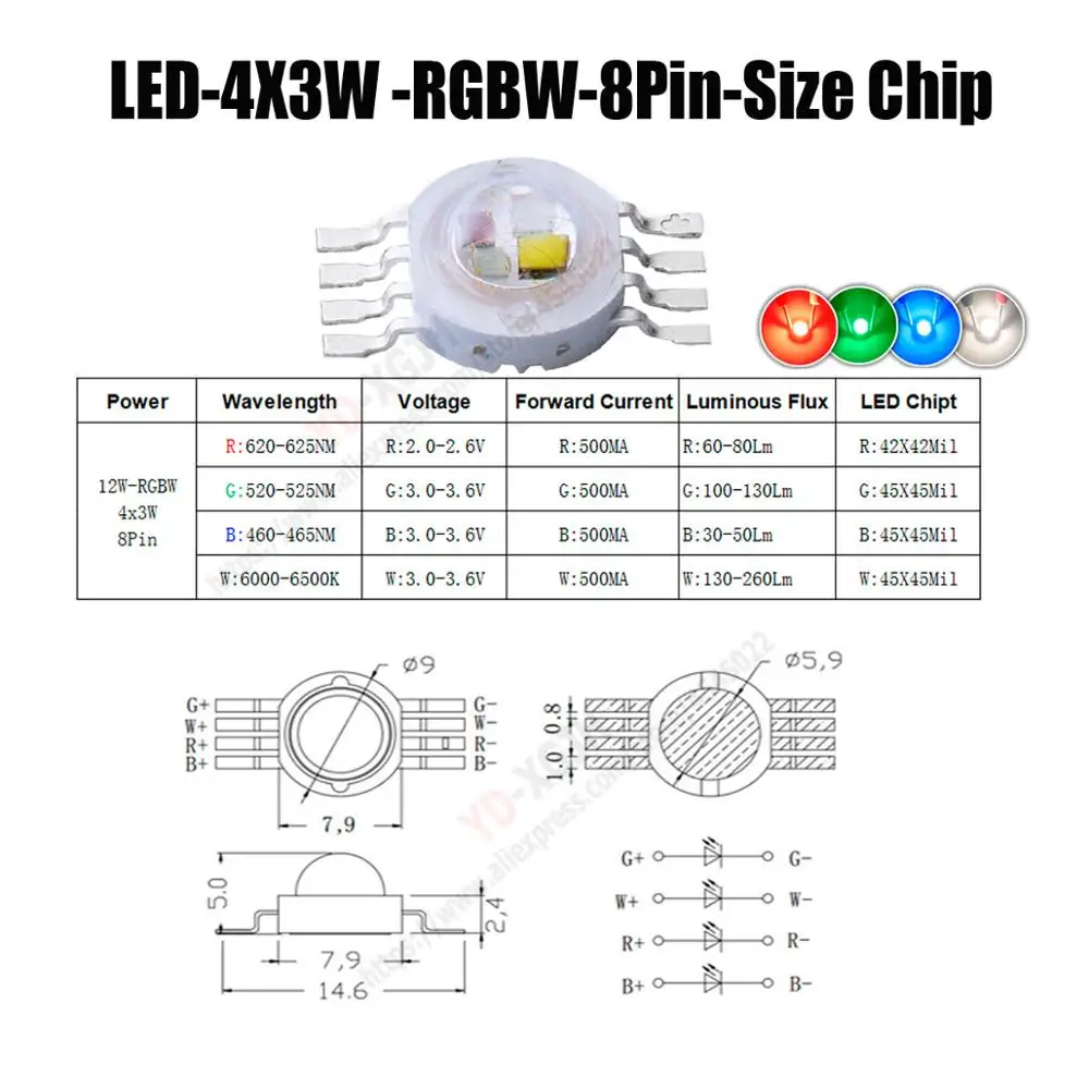 8Pin 12W RGBW Светодиодный чип высокой мощности RGB RGBW RGBWW RGBWY 3 Вт 4 Вт 5 Вт 6 Вт 15 Вт Красочный Светодиодный светильник для самостоятельного литья - Испускаемый цвет: 8Pin 12W RGBW
