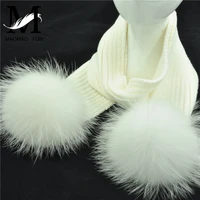 child knitted wool scarf winter kids fur scarves with detachable real raccoon fur pom poms baby neck warmer scarf