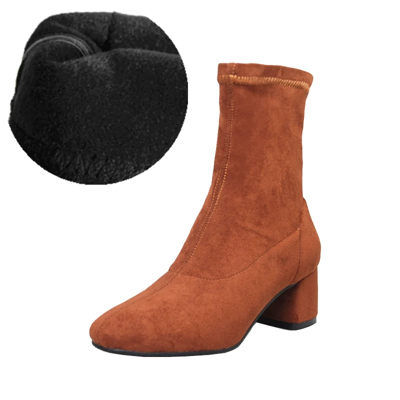 brown (winter) Новинка; эластичные сапоги-носки; женская обувь; ботильоны без застежки; сезон весна-зима; элегантная женская обувь на высоком квадратном каблуке; большие размеры 33-43 - Цвет: brown (winter)