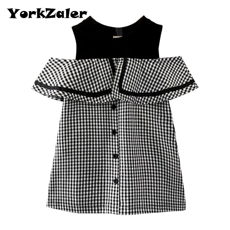 YorkZaler платье для девочек с открытыми плечами черные клетчатые Детские платья