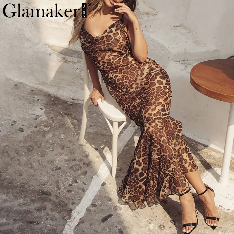 Женское платье с леопардовым принтом Glamaker летнее пляжное макси на шнуровке