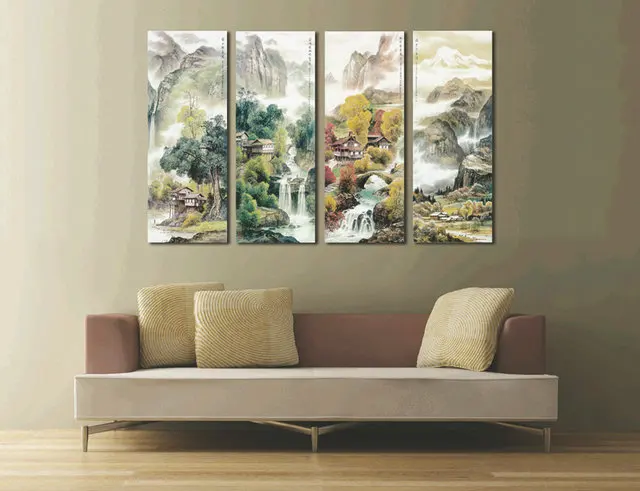 4 панели китайский пейзаж холст картина абстрактная украшение дома настенная
