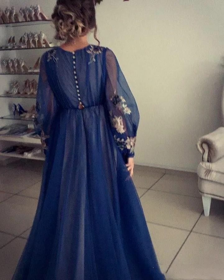 Robe de soiree Дубай Королевская Синяя Длинные рукава Вечерние платья 2019 Abiye Золотые