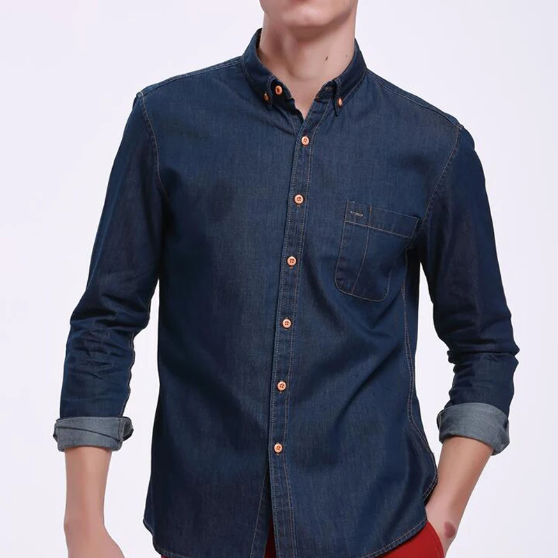 Высококачественная Модная Джинсовая рубашка с длинным рукавом однотонная