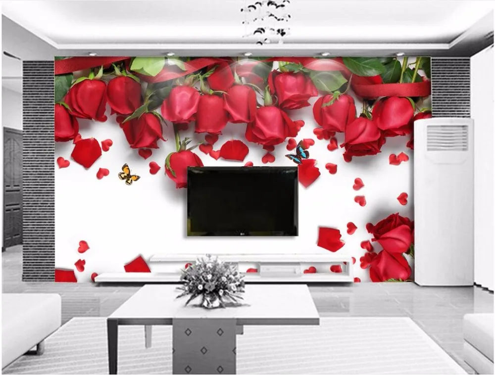 Настенные 3d обои на заказ рисунок с лепестками красной розы для украшения