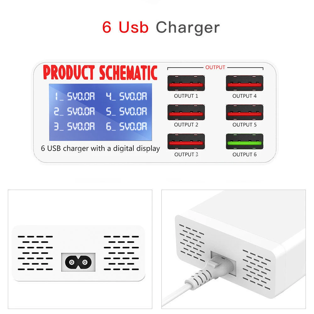 QC 3,0 USB зарядное устройство мульти USB порт быстрое зарядное устройство 6 портов USB розетка быстрое зарядное устройство с ЖК-дисплеем для iPhone iPad SAMSUNG Xiaomi