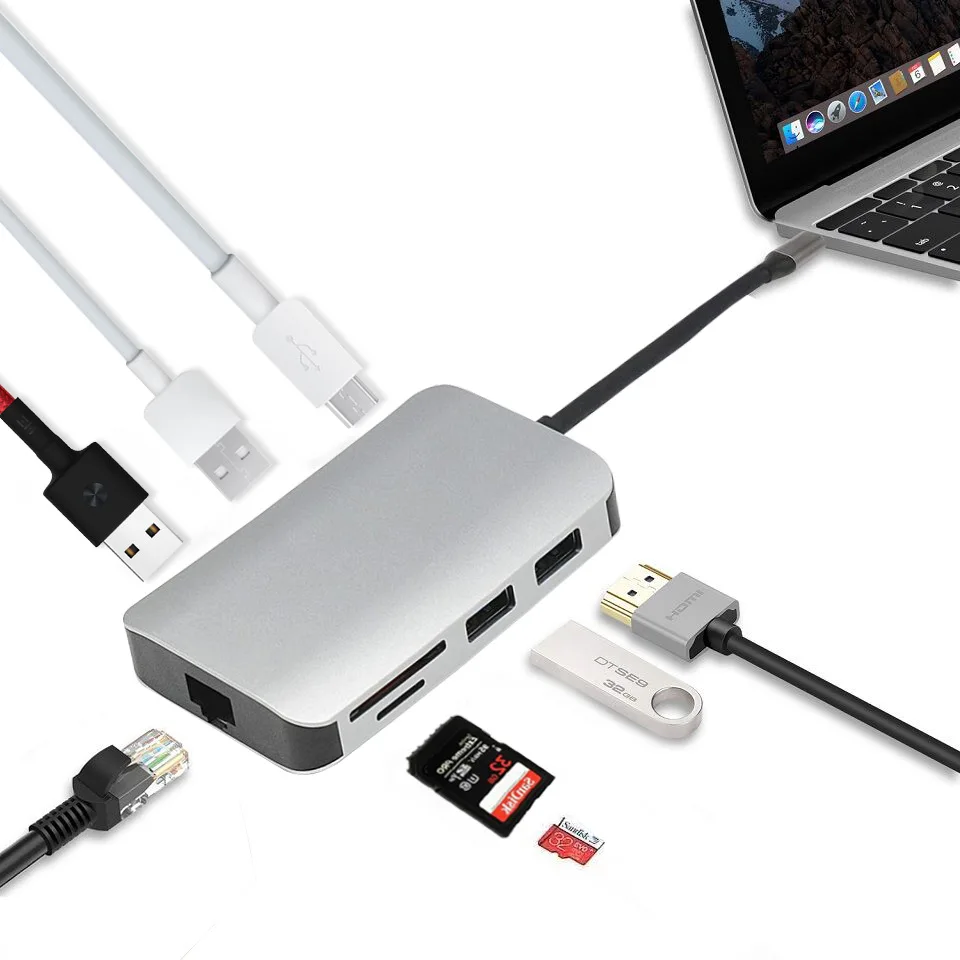 8-IN-1 TYPE-C до 4 K HDMI USB3.0 концентратор гигабитная сетевая карта 4 K конвертер высокой четкости MACBOOK док-станция - Цвет: 8-IN-1