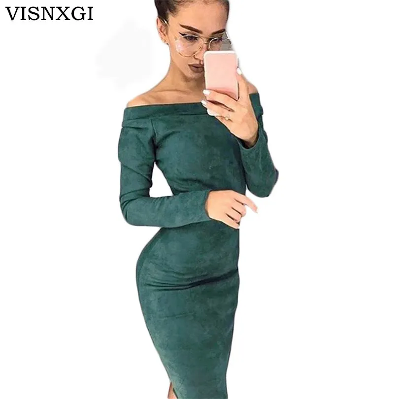 

VISNXGI Suede Long Sleeve Off Shoulder Mid-Calf Wrap Dress Women Autumn Female Bodycon New Party Backless Club Clothes Vestido