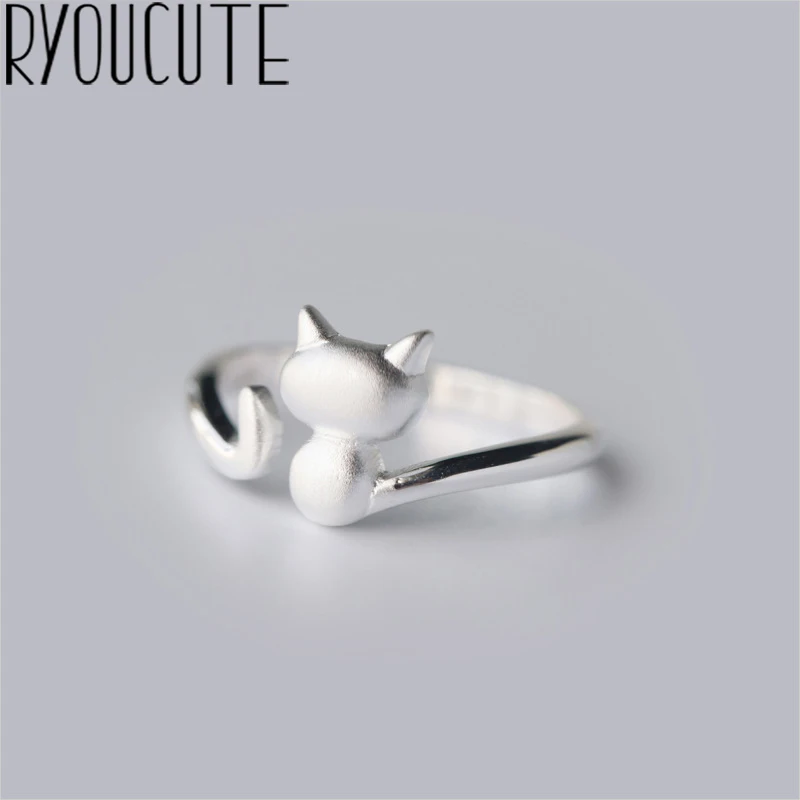 Женское регулируемое кольцо RYOUCUTE массивное из серебра 100% пробы с большим котом |