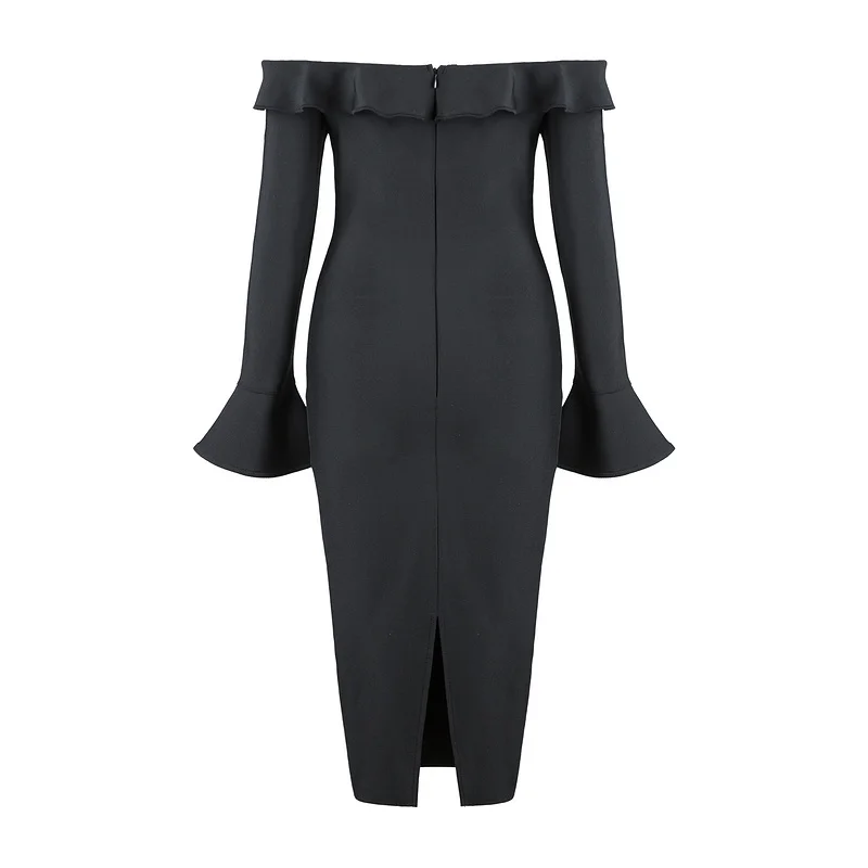 

INDRESSME Fashion Flare Sleeve Autumn Women Bandage Dress Sexy Off Shoulder Slash Neck Knee Length Ruffles Dress Vestidos 2019