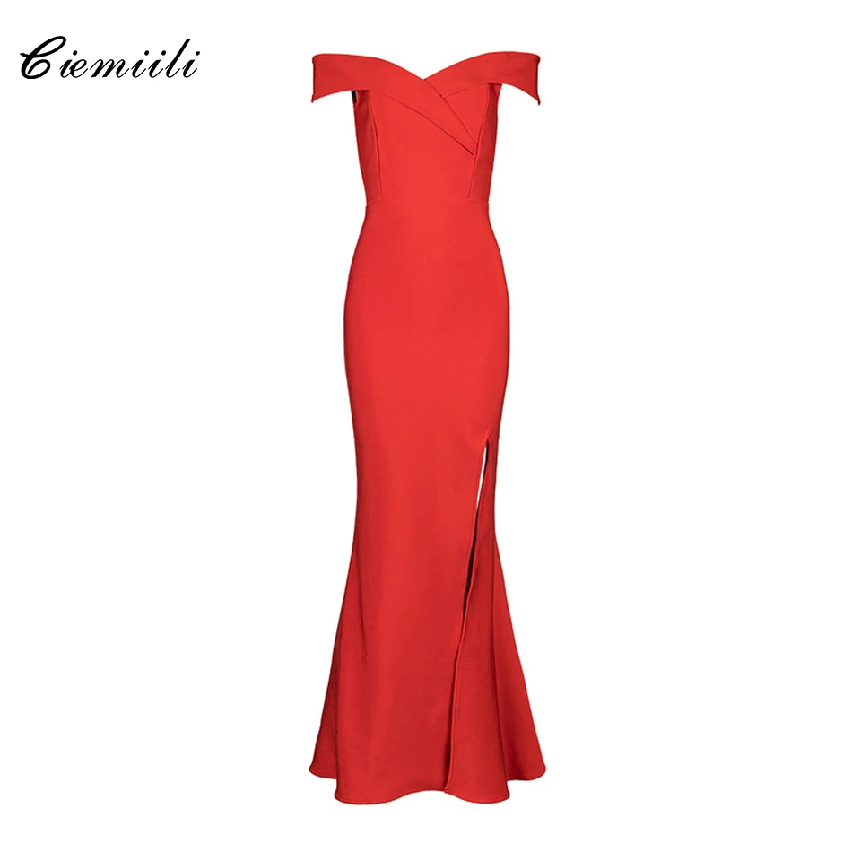 

CIEMIILI 2021 Bandage Long Sexy Dress Women Off Shoulder Strapless Solid Fit and Flare High Split Celebrity Party Club Dresses