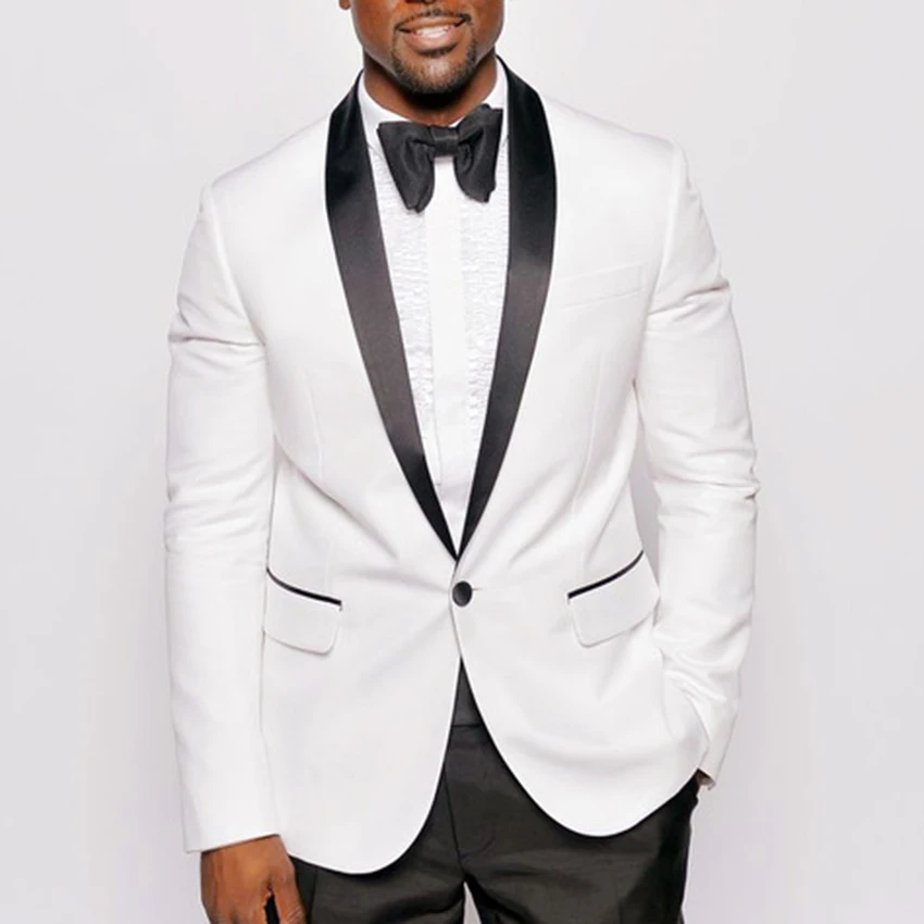 White Tuxedo Jacket Black Lapel Custom Made Suit white jacket + black pants tie pocket square Wedding Suits For Men | Мужская одежда