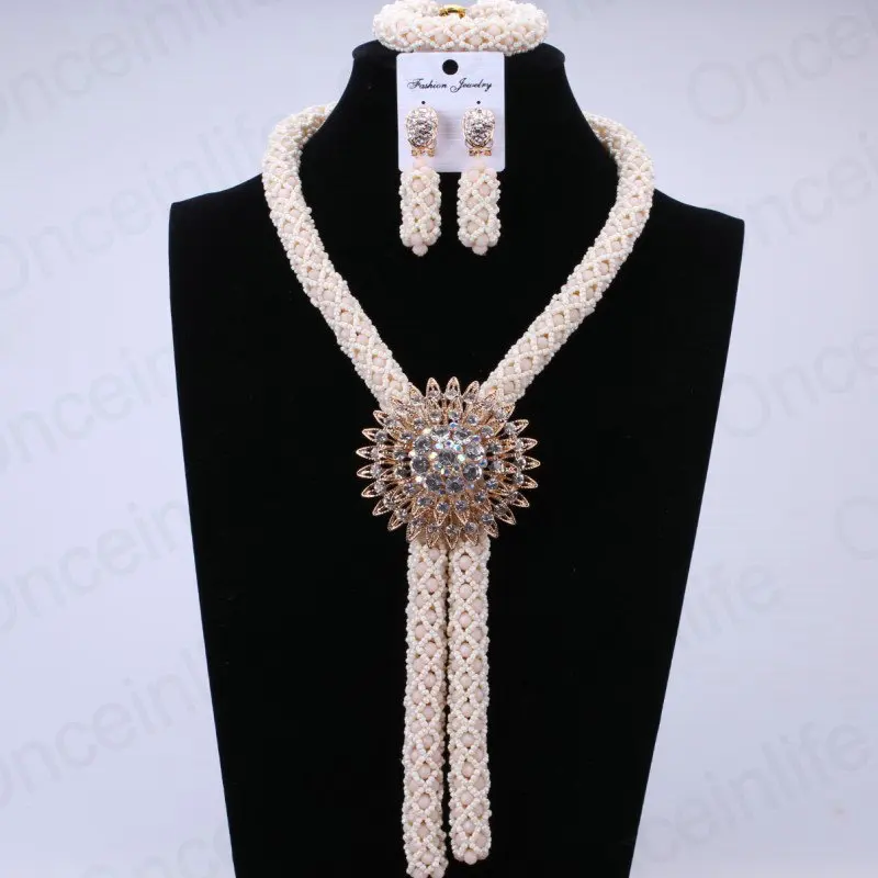 2017 бежевый нигерийские Свадебные африканские бусы Ювелирные наборы костюм